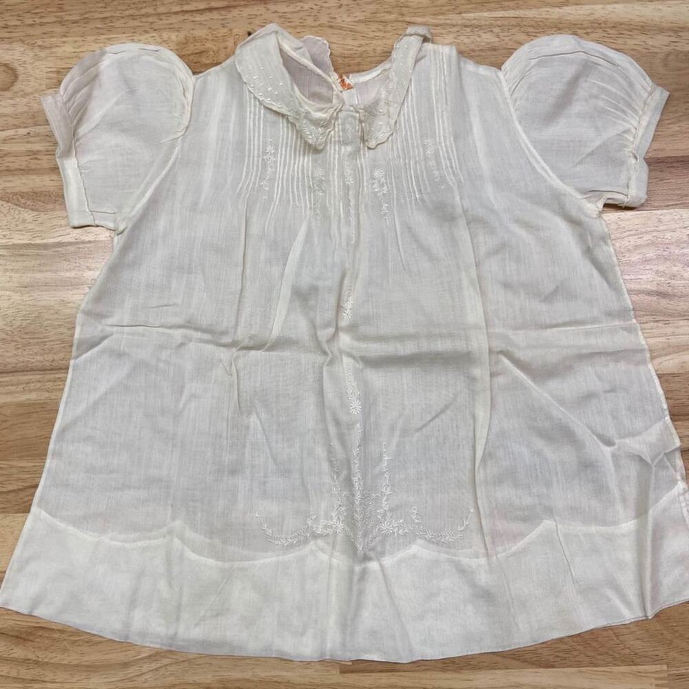 1940s Handmade White Cotton Baby Dress – Vintage Embroidery (Size 1)